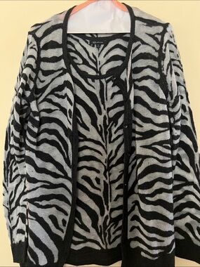 Anne Klein Black and Gray Zebra-Pattern Cardigan Sweater